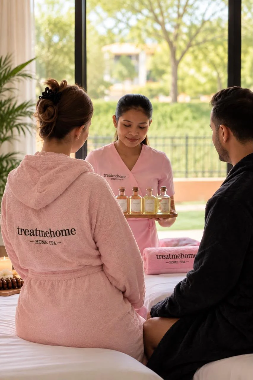 A couple in treatmehome robes choosing between four ritual oils held out on a tray by their therapist