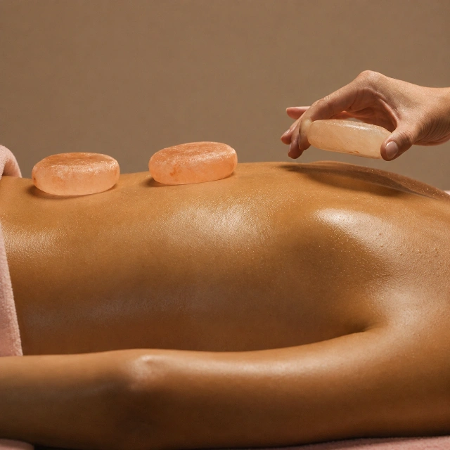 Warm stones resting along an oiled back during a salt stone massage